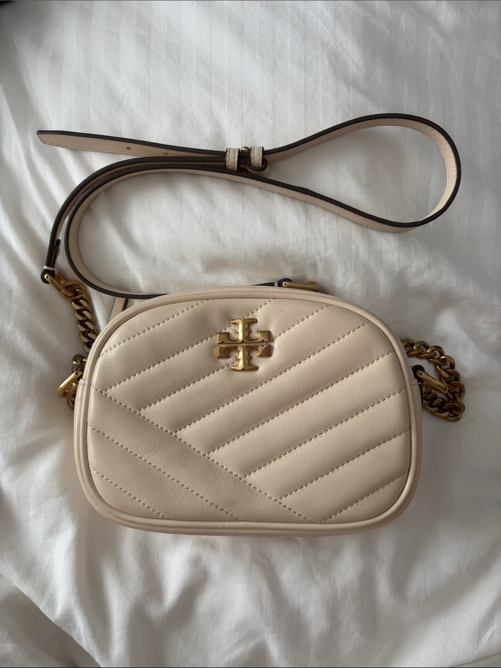 Tory Burch Quilted Cream Leather Crossbody with Gold Hardware
